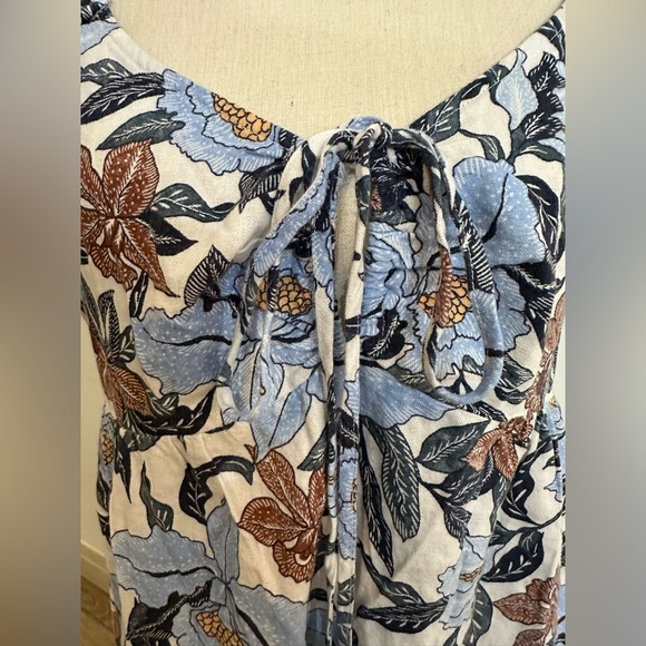 Old Navy SZ L Linen Floral Print Mini Dress Blue and Brown Puff Sleeve - Picture 2 of 6